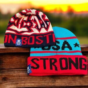 USA Strong Boston Blue Beanie Hat Lot 2 Patriotic Knit Skull Cap Toboggan MA